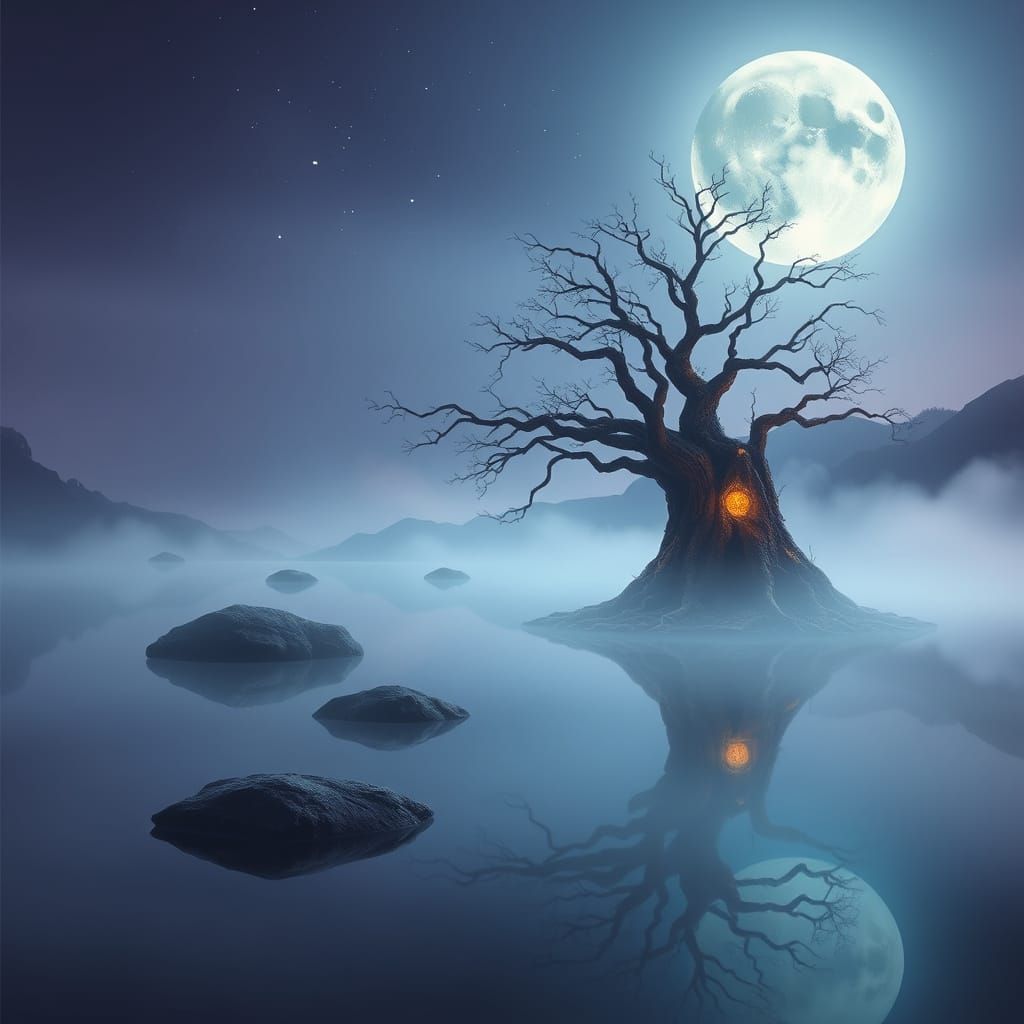 Surreal Moonlit Valley with Floating Islands in Dreamlike Ae...