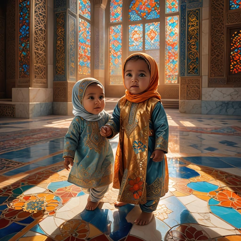 Muslim Baby Girl Playing in Mosque with Rainbow Light