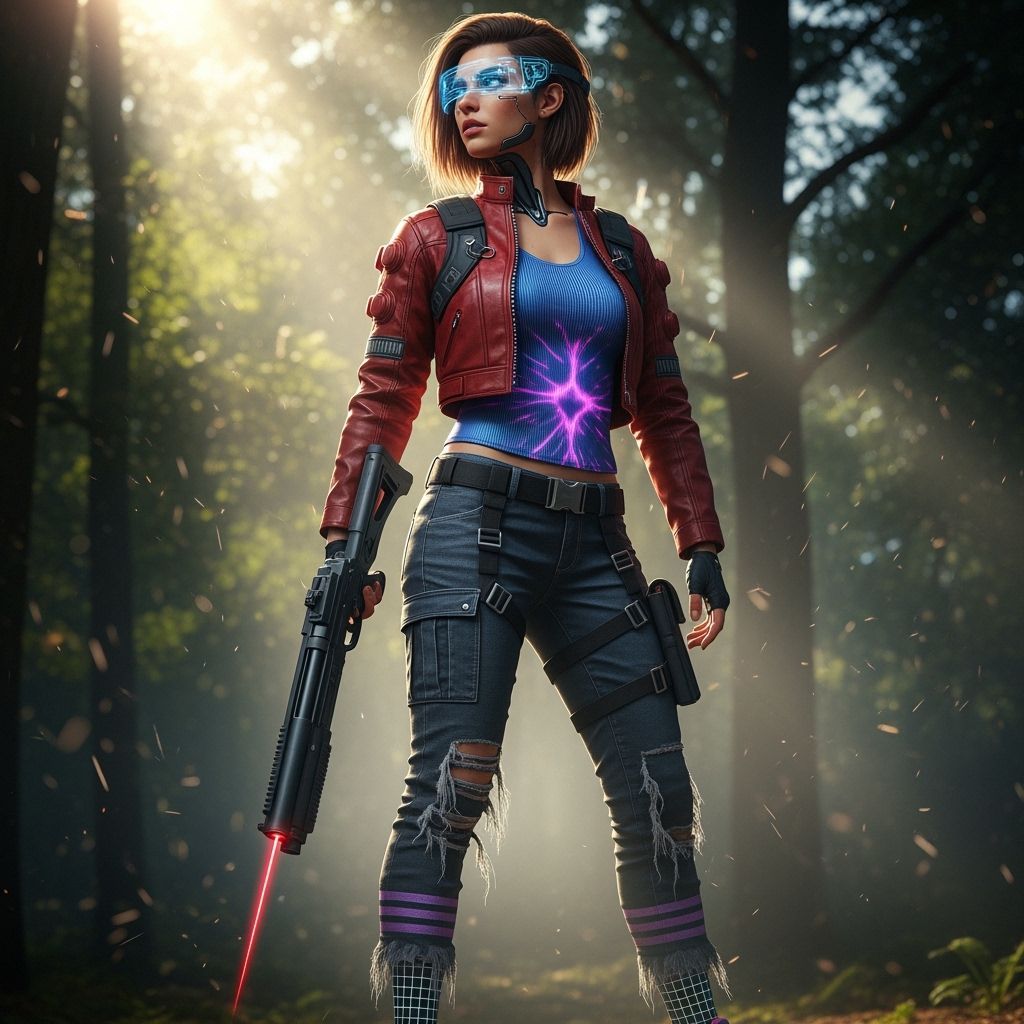Cyborg Girl with Laser Shotgun in Sunlit Forest