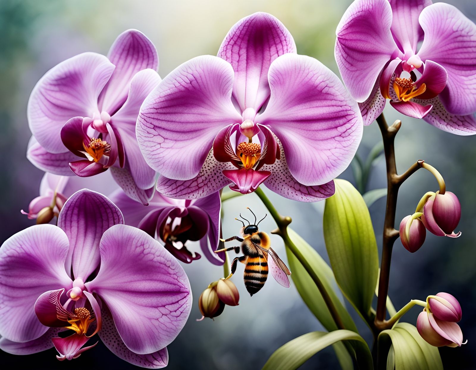 Bees Pollinating a Phalaenopsis Orchid in Watercolor