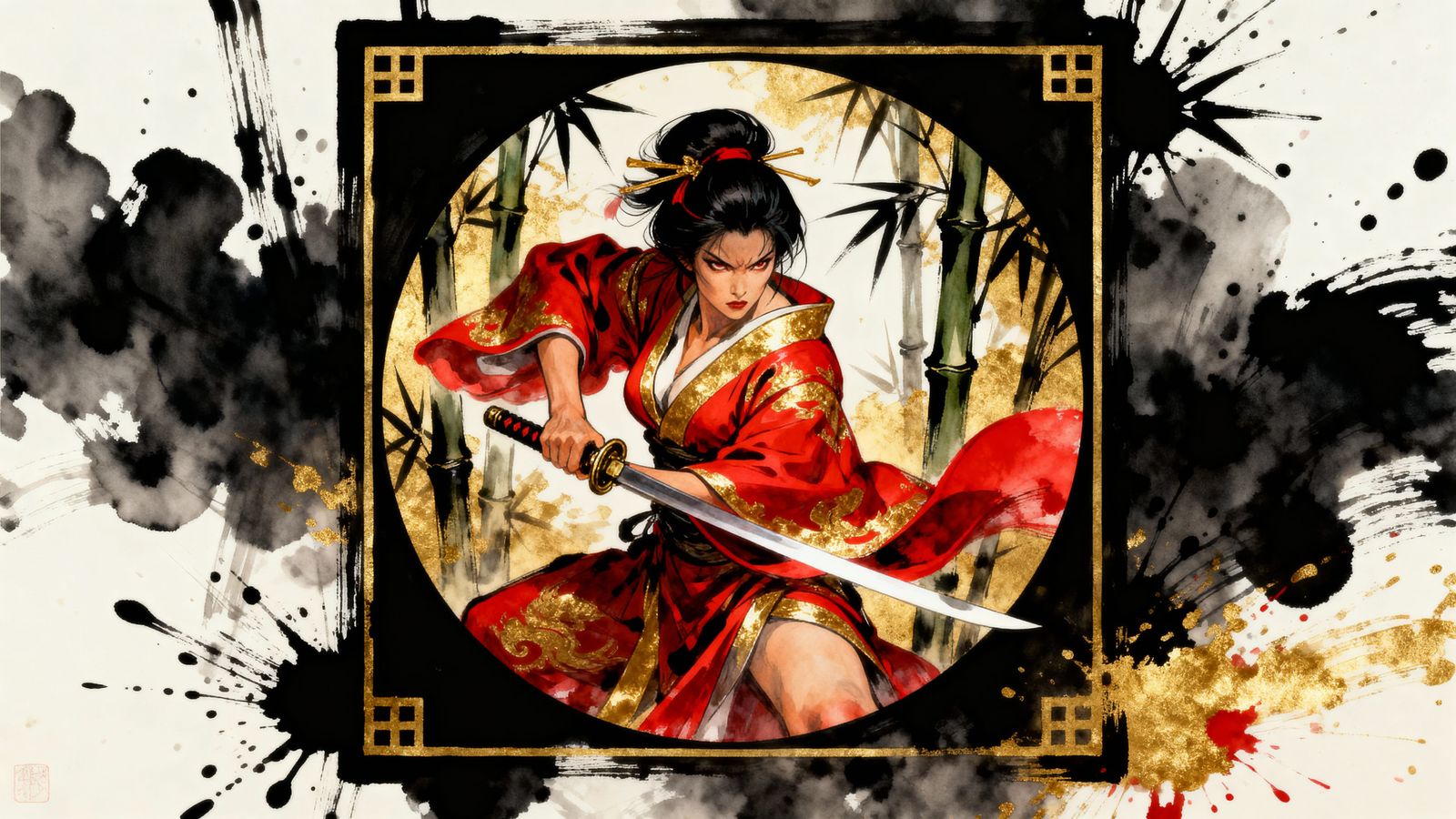 Japanese Geisha in Combat, Watercolour Ink Splash Style