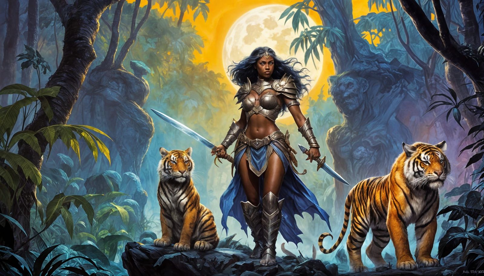 Dark Elf Warrior Goddess in a Tropical Jungle at Night