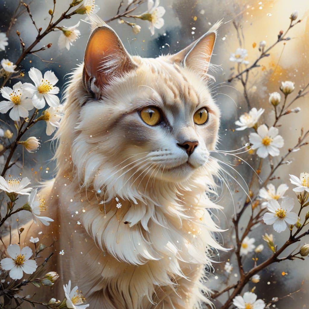Ethereal Watercolor Cat on Flower Branch