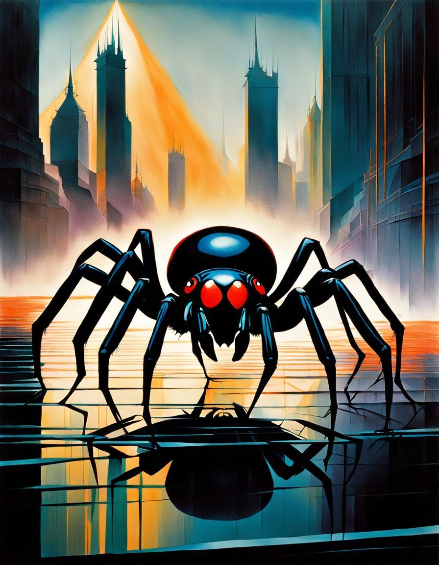 Black Spider in Seventies-Style Geometric Art