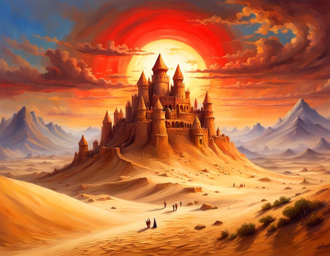 Medieval Sandcastle in Egyptian Desert Illustration