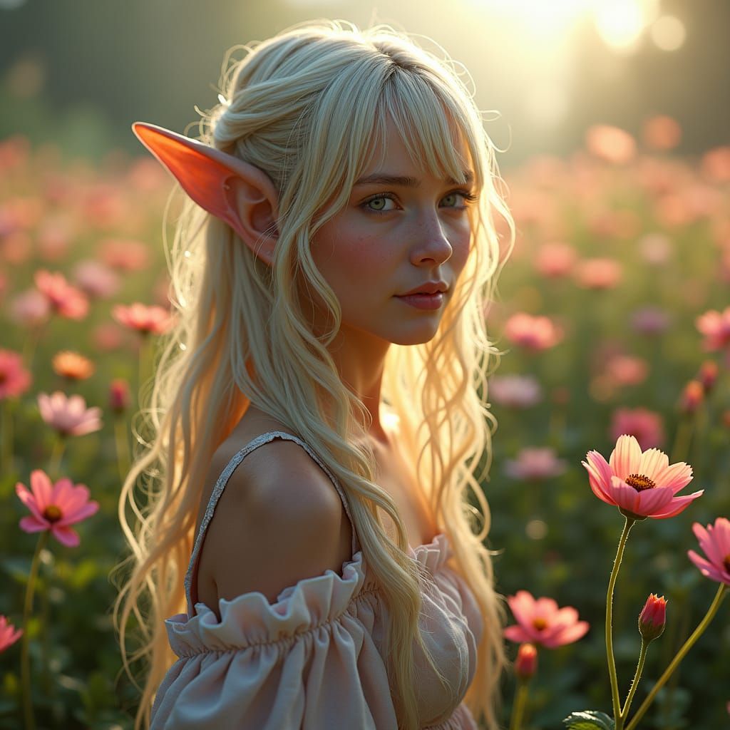 Fantastical Elf Maiden Basks in a Vibrant Floral Wonderland