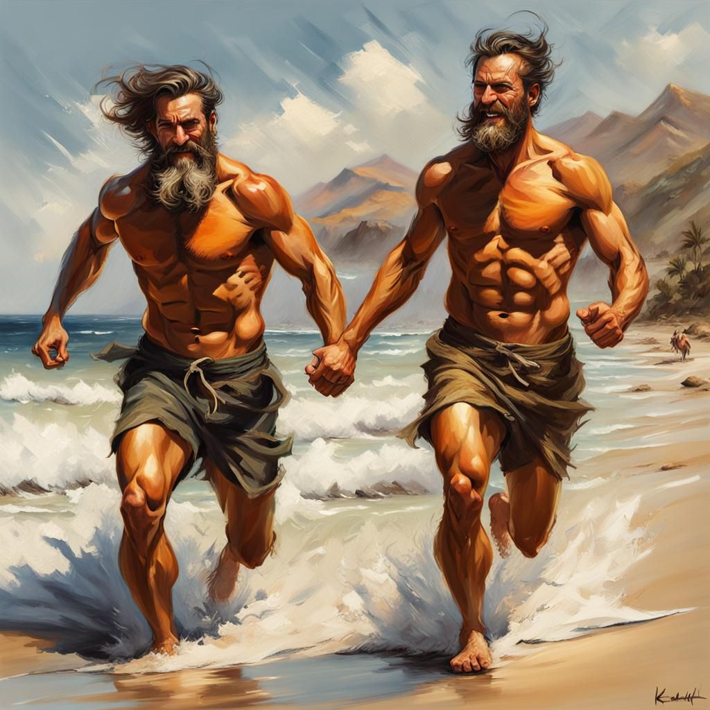 Bearded Men Running on Beach, Oil Painting