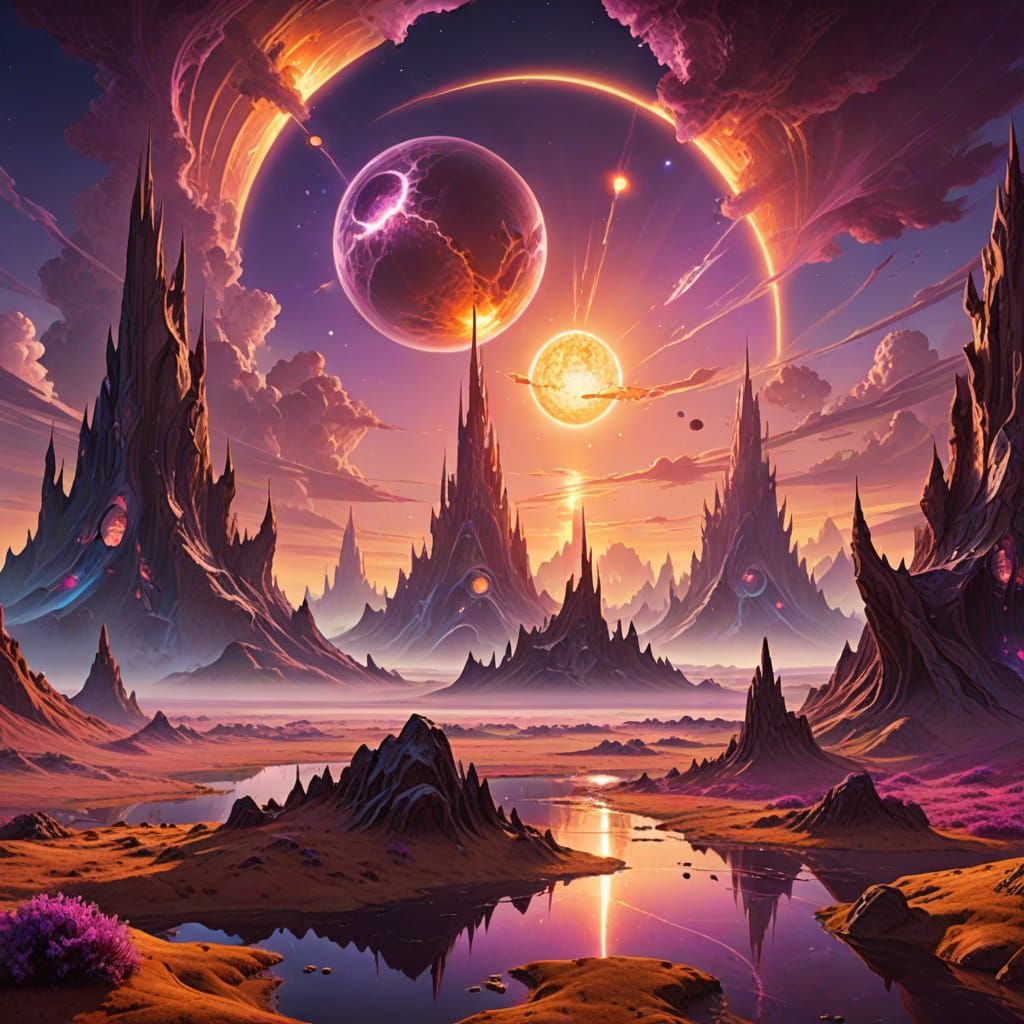 Breathtaking Twin Suns Alien World in Vibrant Oil Painting S...