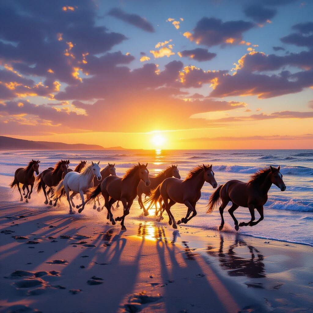 Wild Horses Gallop on Beach at Sunrise in Astral Style