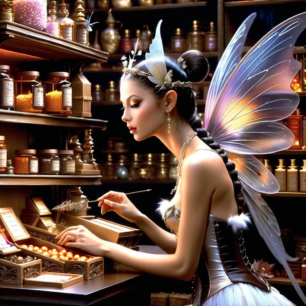 Fantasy Fairy Shop Clerk in Oil Painting Style