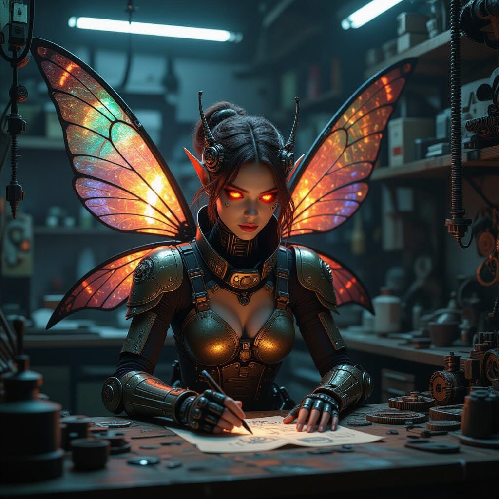 Cyberpunk Fairy Mechanic in Workshop