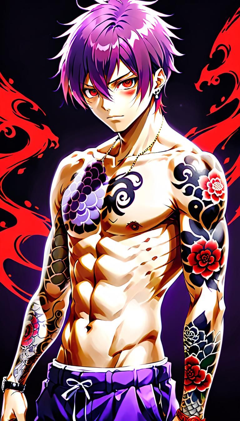 Anime male, Purple short shair, Shirtless Yakuza Anime Male, yakuza tattoos, Anime Male red eyes, red eyes, purple short...