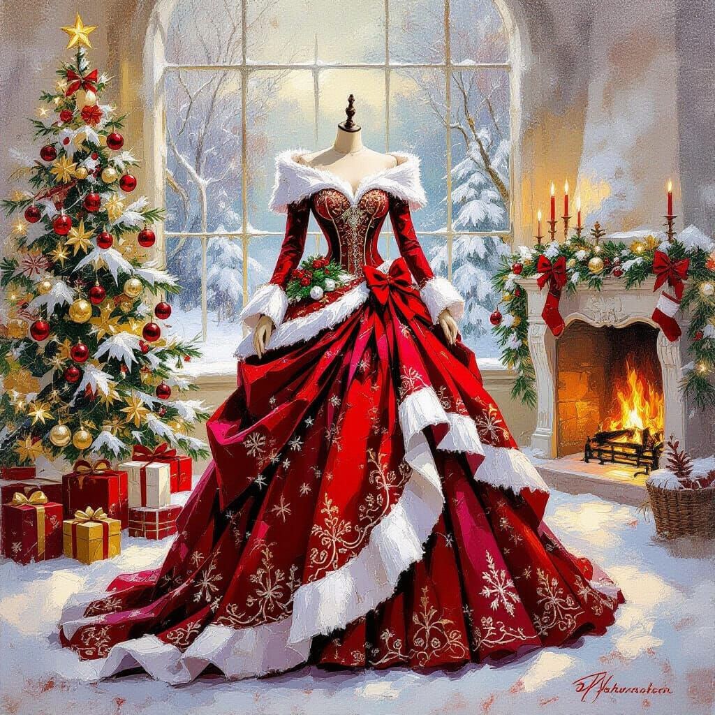 Opulent Christmas Dress in Maximalist Impressionist Style