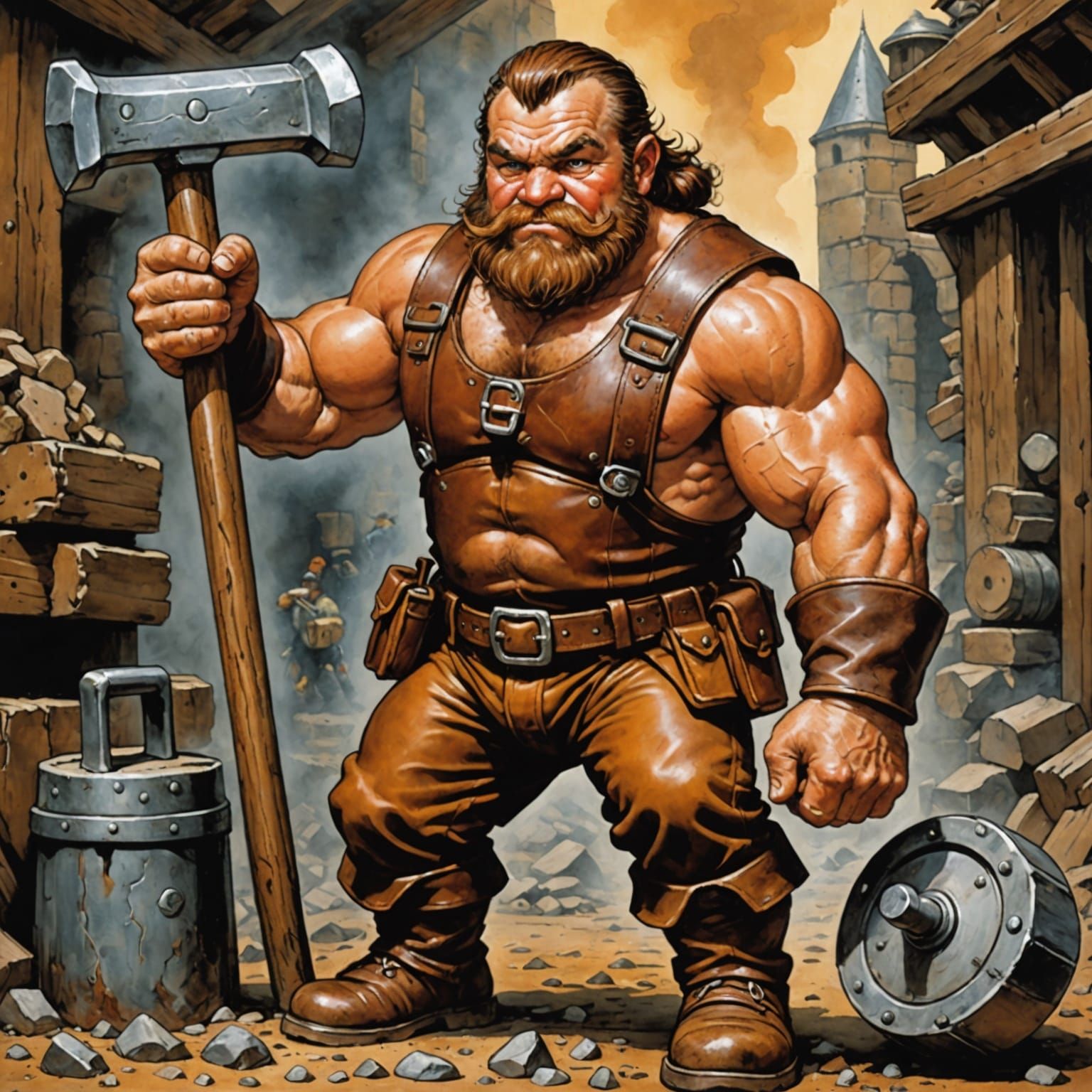 Muscular Dwarf Miner in Brown Leather with Large Hammer in A...