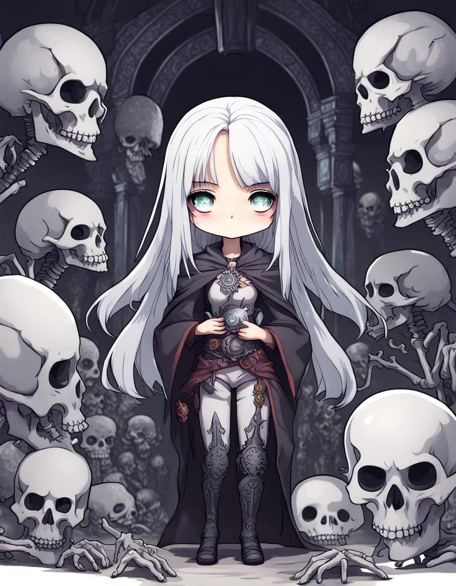 Chibi Anime Necromancer Surrounded by Skeletons