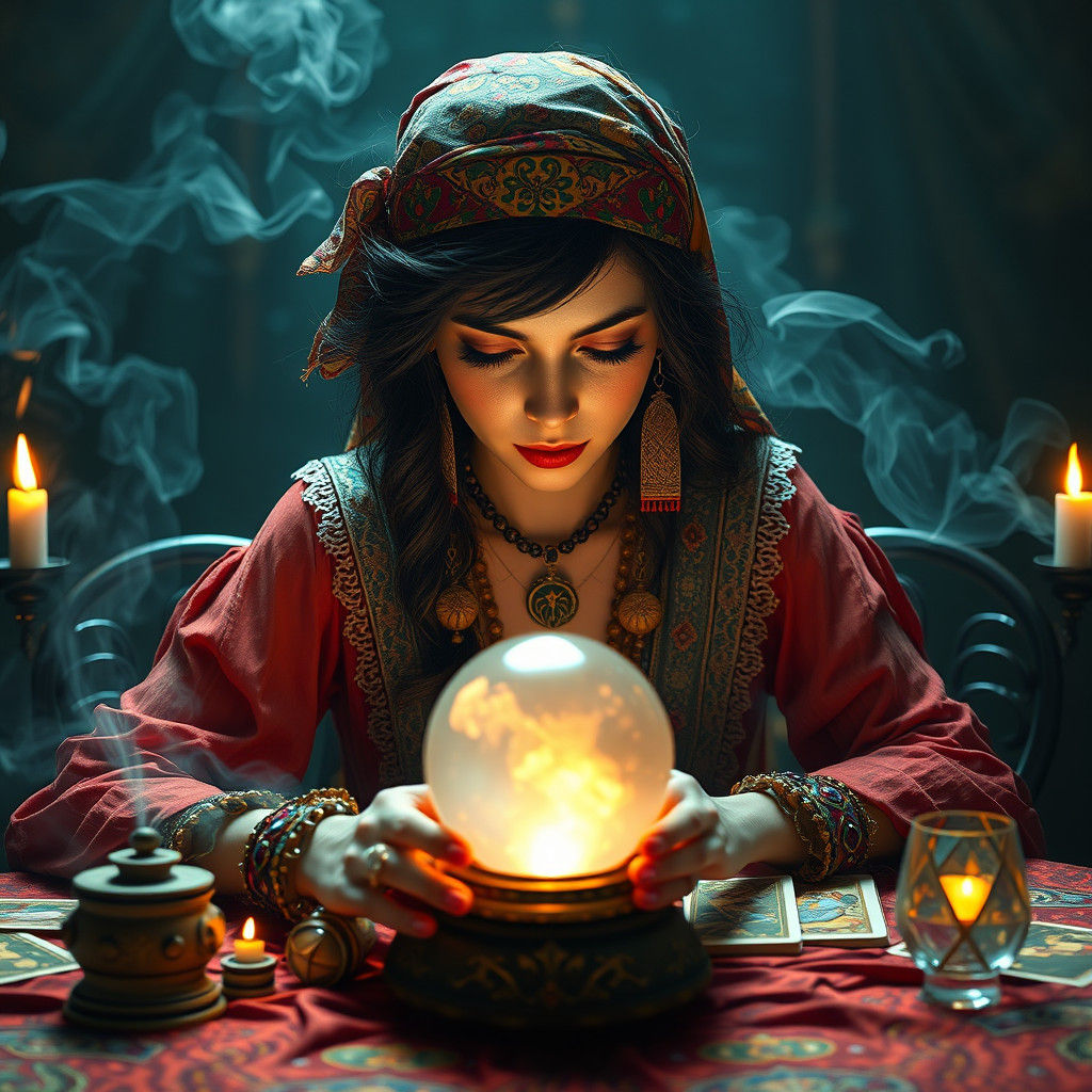 Mystical Fortune Teller Gazing Into Crystal Ball