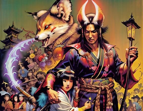 Japanese Folklore Creatures in Dark Fantasy Style