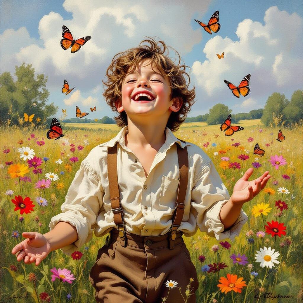 Boy Laughing in Summer Meadow, Hyperrealistic Oil Painting