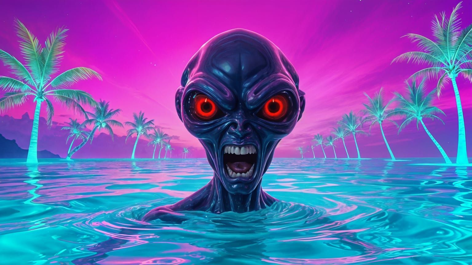 Alien Emerges From Glowing Ocean Under Neon Palms
