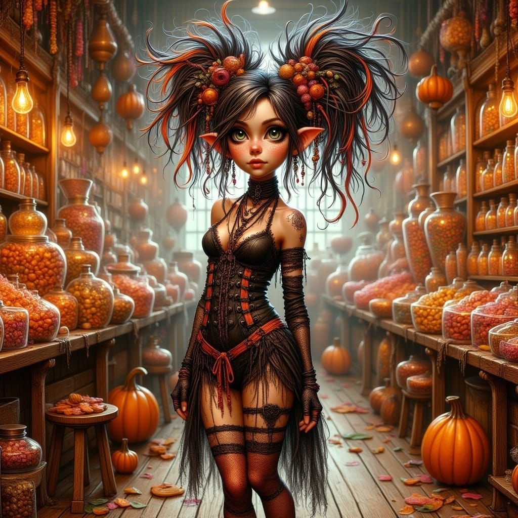 Halloween Fairy Punk in Candy Store, Hyper-Realistic