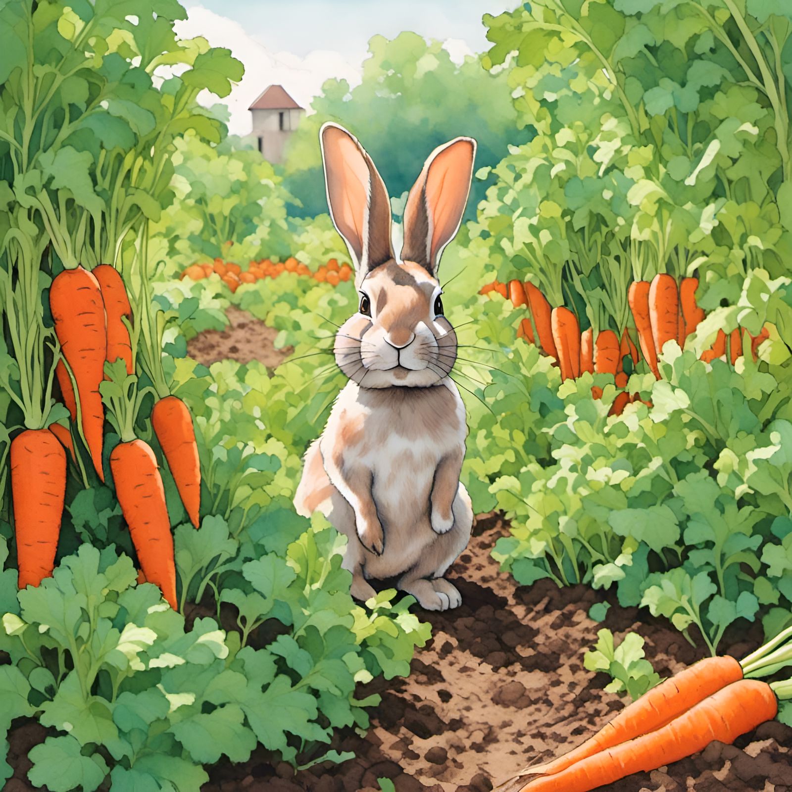 Bunny in Carrot Garden in Crayon Wax Style