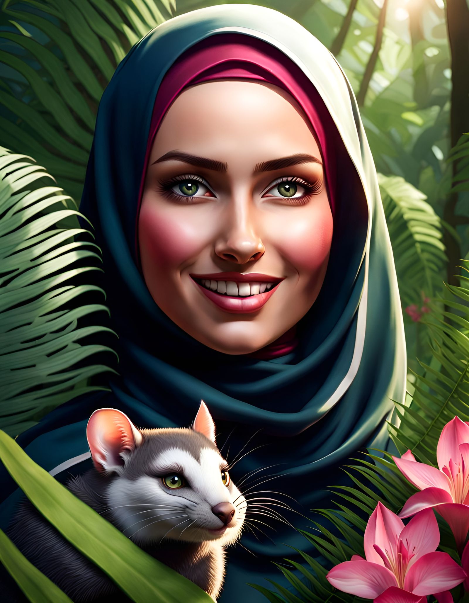 Woman and Possum in Tropical Forest, Digital Art