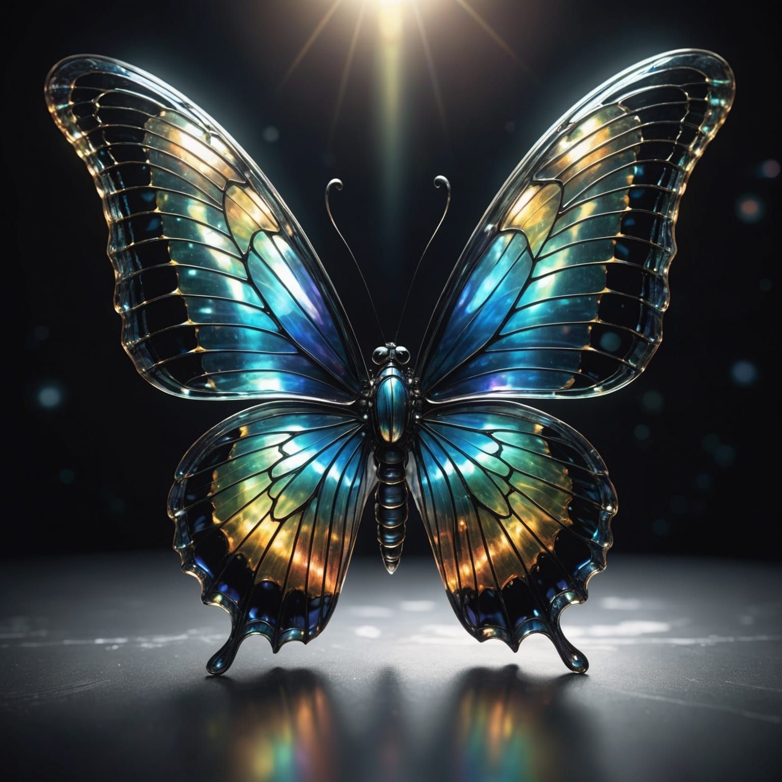 Glass Butterfly with Iridescent Wings in Giger-Klimt Style