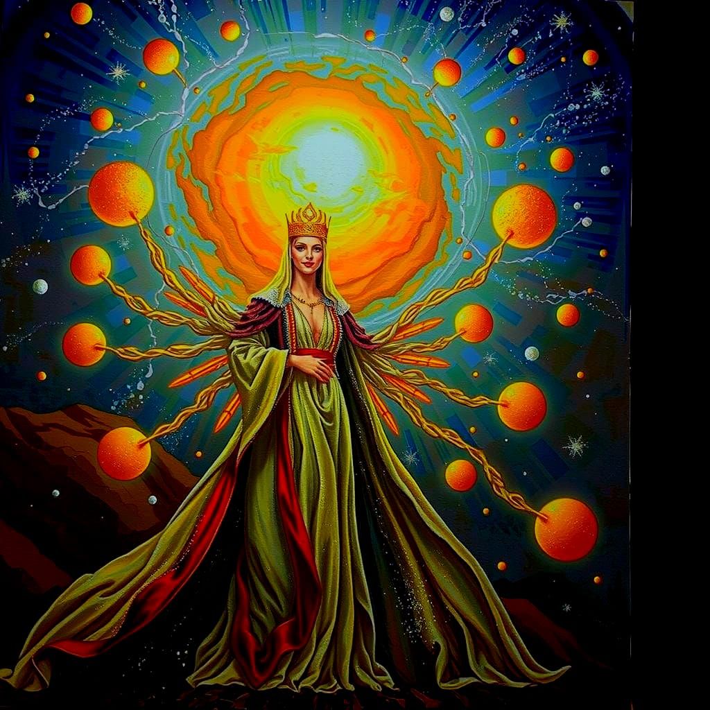 Majestic Figure at Light's Edge with Celestial Orbs