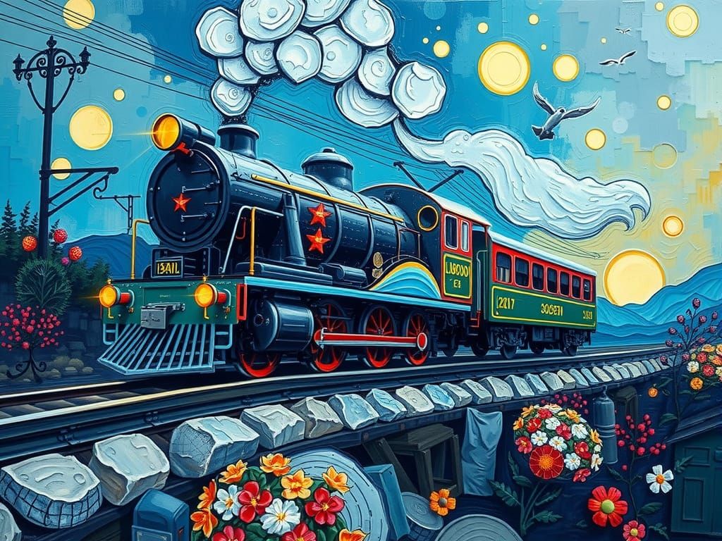 Magical Flying Locomotive in Expressionist Style