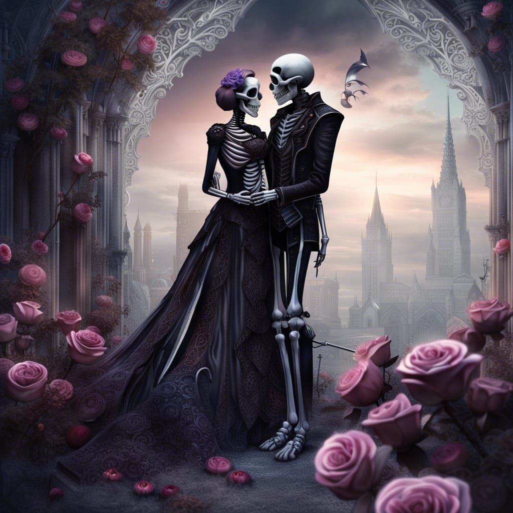 Gothic Skeleton Lovers with Purple Roses