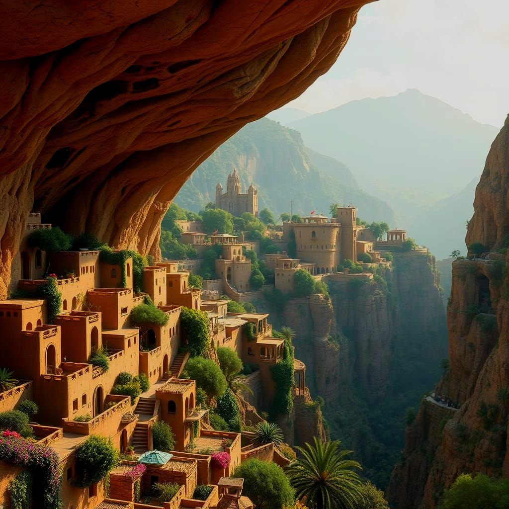 Adobe Megastructure in Gorge with Vines and Water