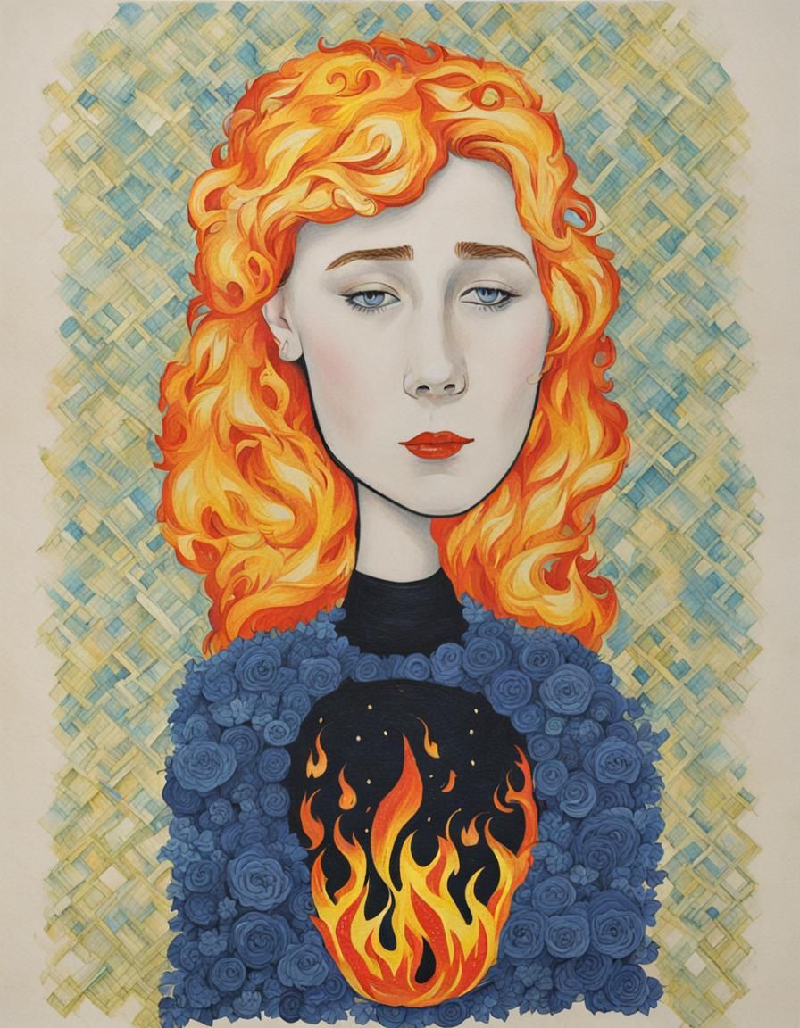 Fiery Woman: Chest Ablaze with Digital Fire