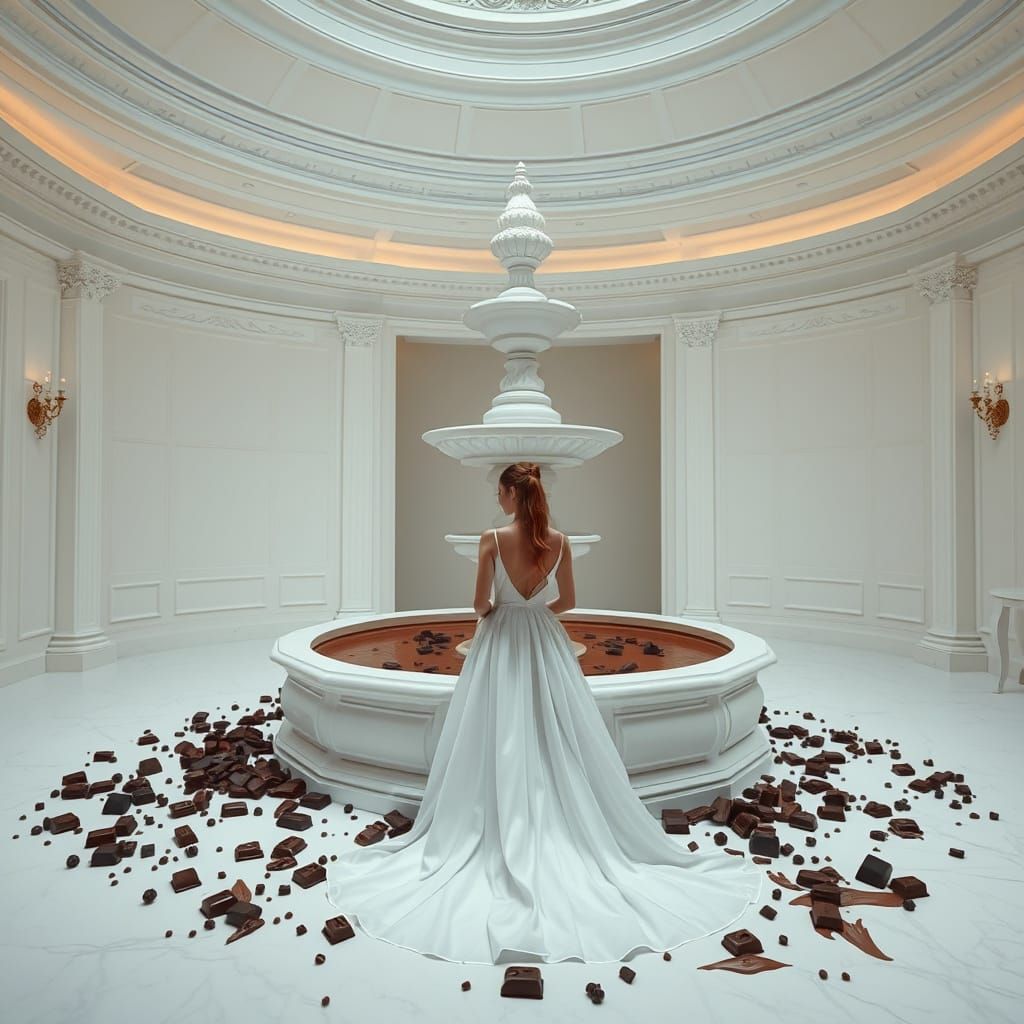 Decadent Chocolate Fountain in White Room, Digital Art