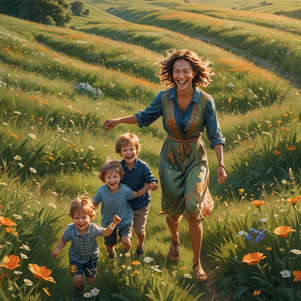 Happy Family Running in Field: Fantasy Concept Art