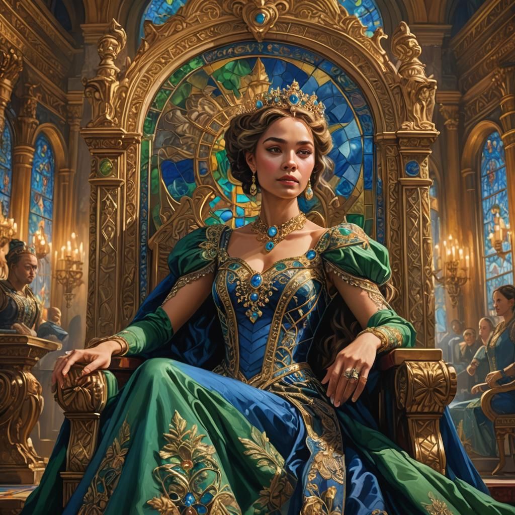 Beautiful Queen in Ornate Throne Room, Art Nouveau