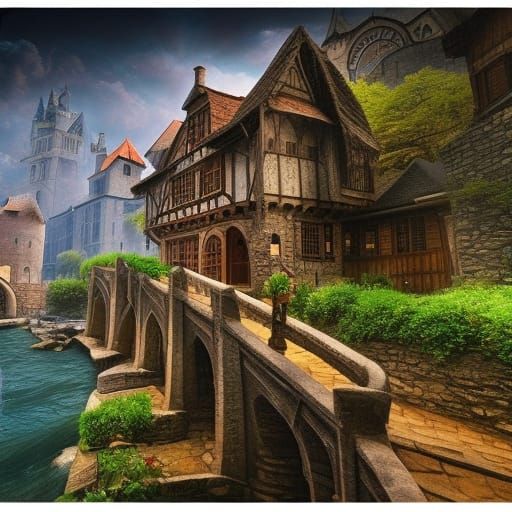 Picturesque Medieval Fantasy Village in Spring