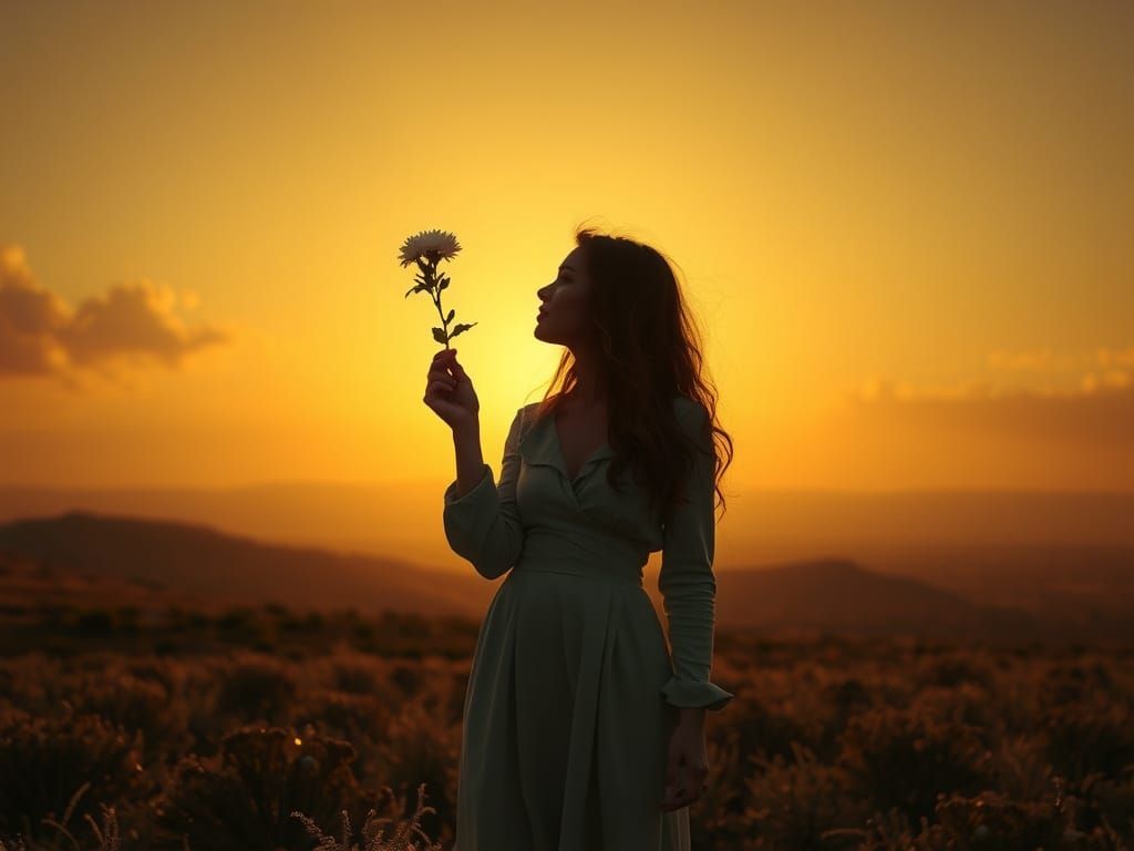 Woman in Atmospheric Landscape Holding Flower and Branch
