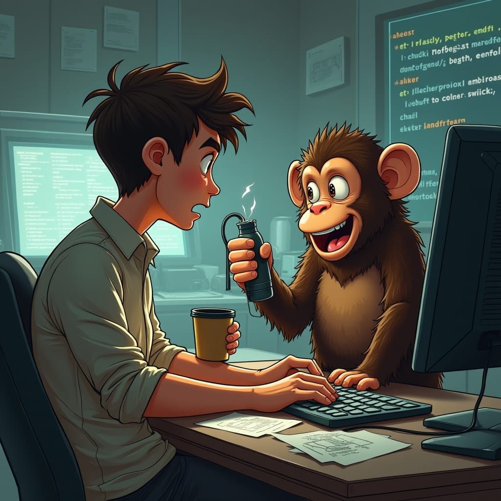 Programmer Horrified By Monkey With Grenade At Computer