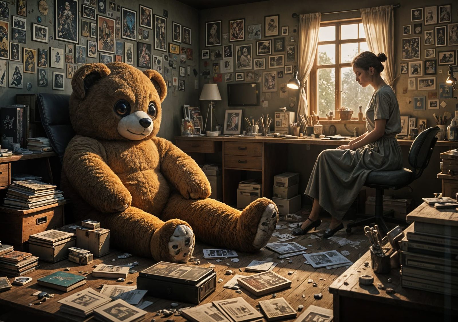 Oversized Plush Toy in Dimly Lit Steampunk Bedroom