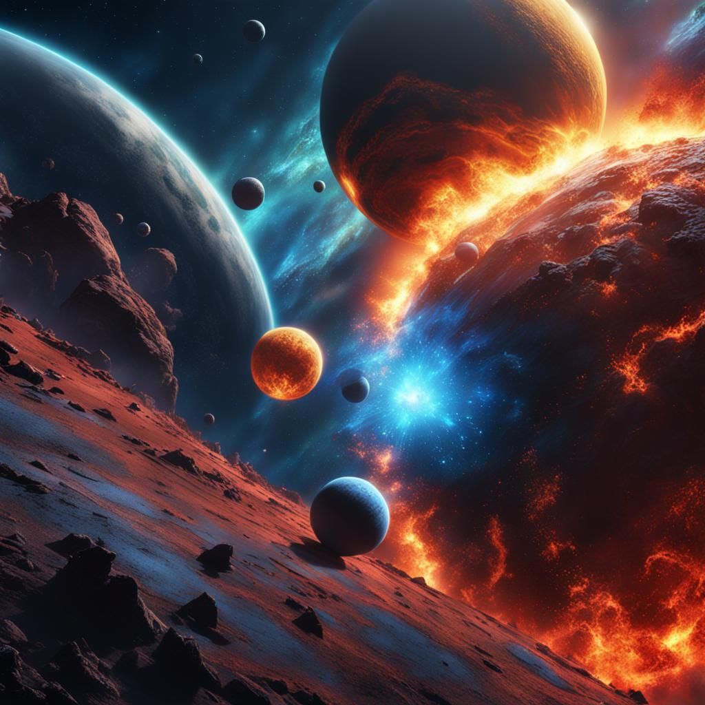Planetary Collision Near Nebula: Detailed Matte Painting