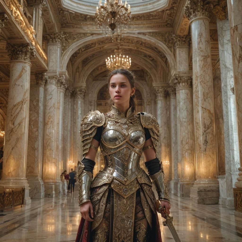 Ornate Armored Woman in Grand Hall: Photorealistic Portrait