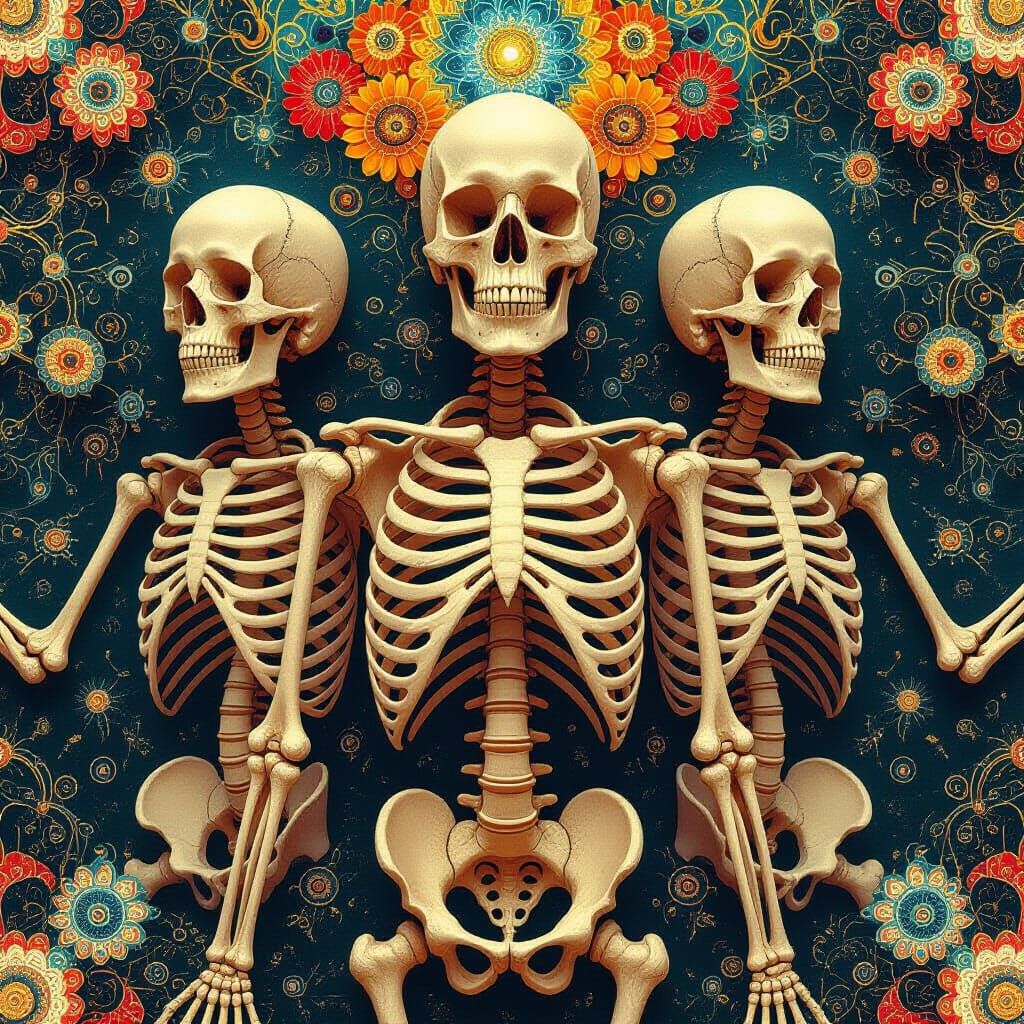 Interconnected Skeletons in Surreal, Psychedelic Arrangement