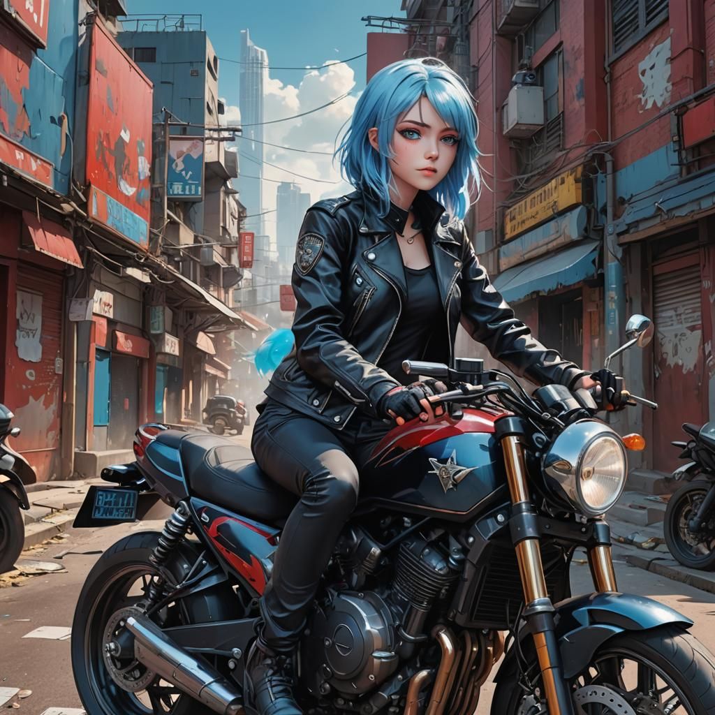 Anime Girl on Motorcycle: Detailed Matte Painting