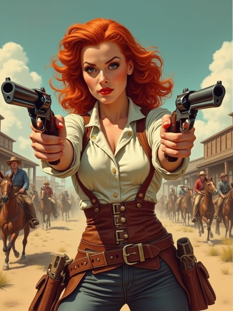 Redhead Gunslinger in 1940s Comic Book Style