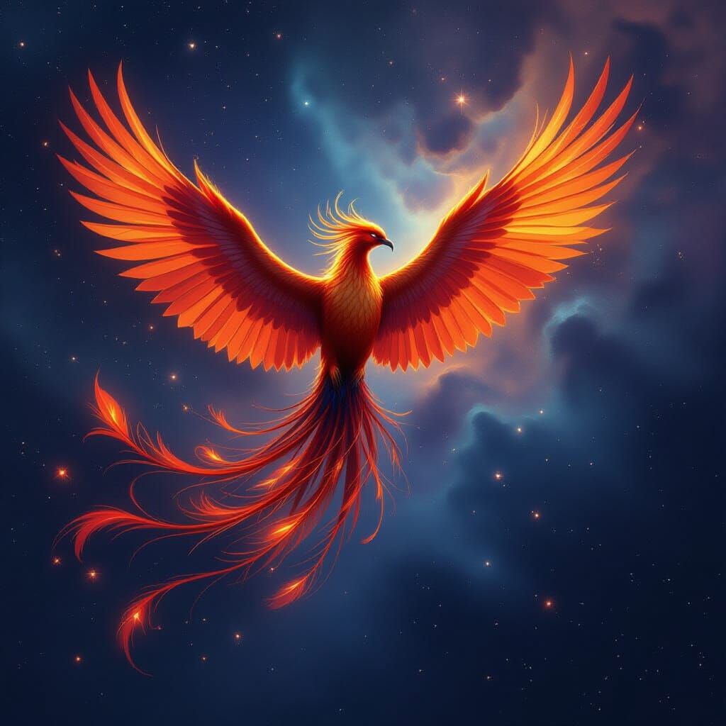 Majestic Phoenix Soars Through Cosmic Nebula in Epic Fantasy...