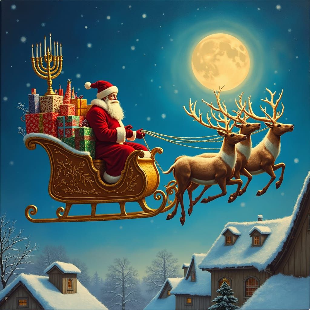 Santa Claus Sleigh Ride in Surrealist Style
