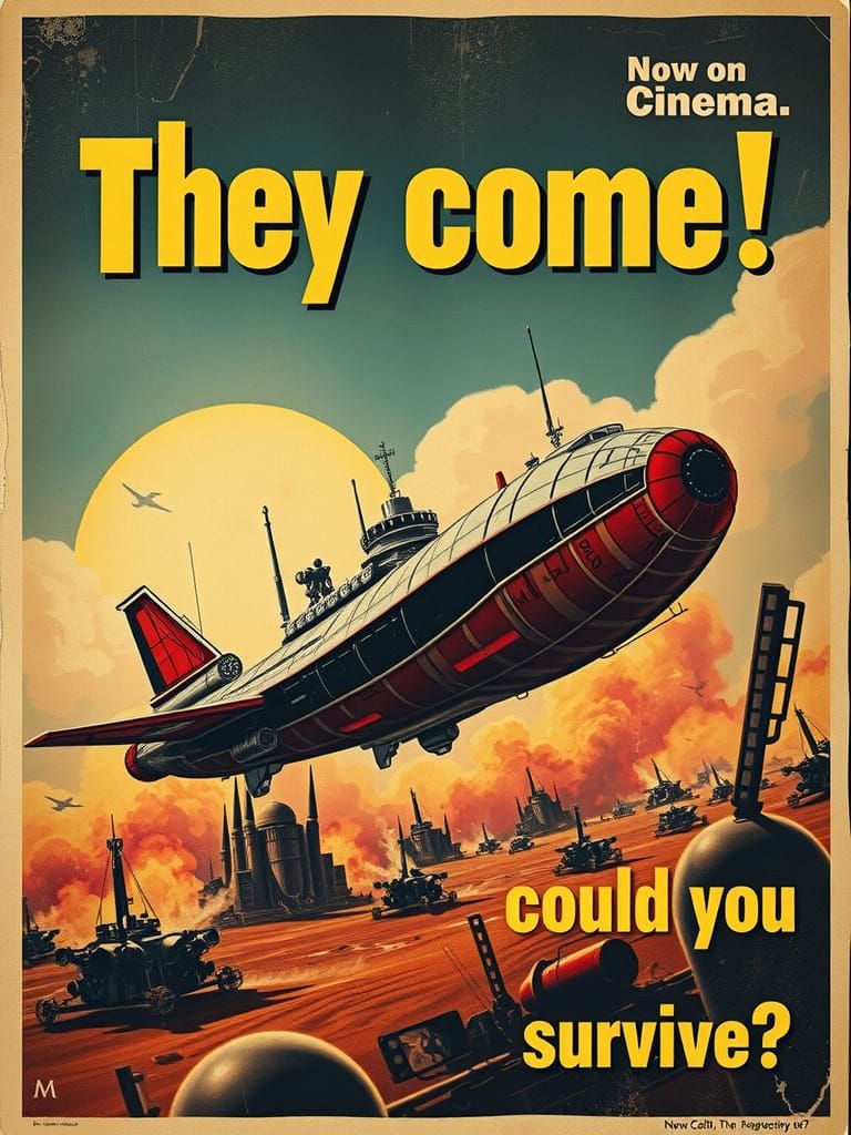 Steampunk Spaceship Movie Poster in Retro-Futuristic Style