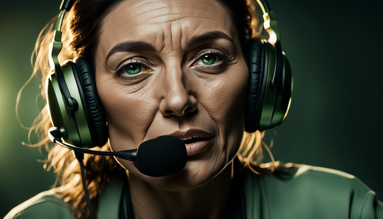 Hyperrealistic Portrait of Woman in Headset, Golden Lighting