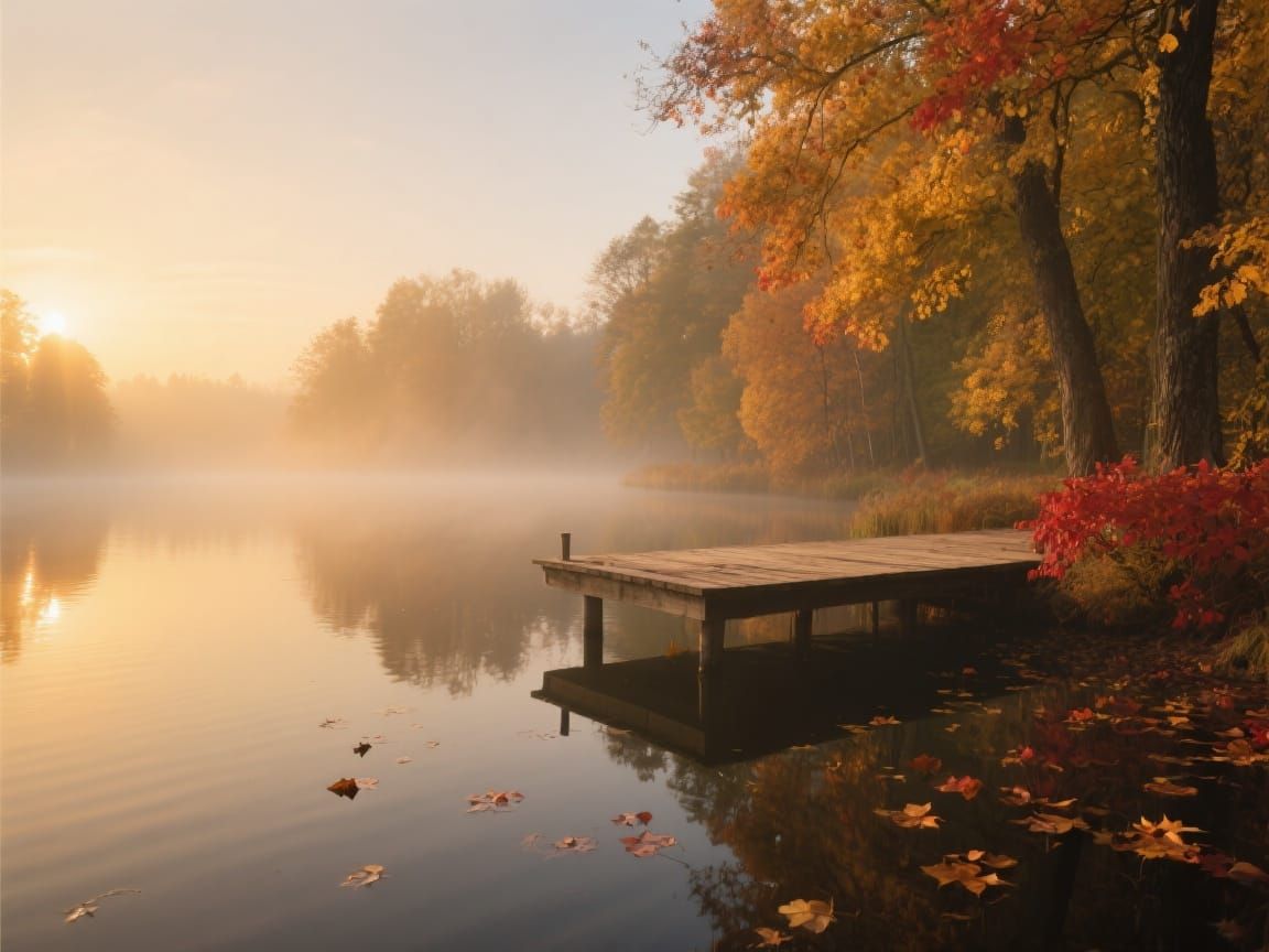 Autumnal Lakeside Pier in Morning Mist