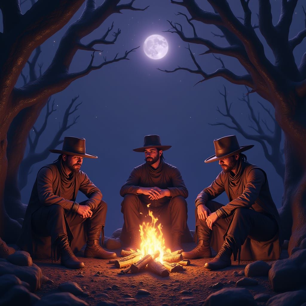 Cowboy Outlaws Campfire Under Starless Sky